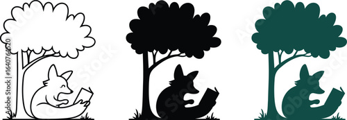 Clever fox enjoys reading under a tree, peaceful learning moment