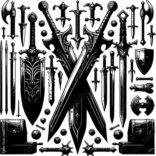 Epic Arsenal of Steel: An array of intricately designed swords and weaponry in a classic vintage illustration style, offering a timeless display of strength, battle and power. 
