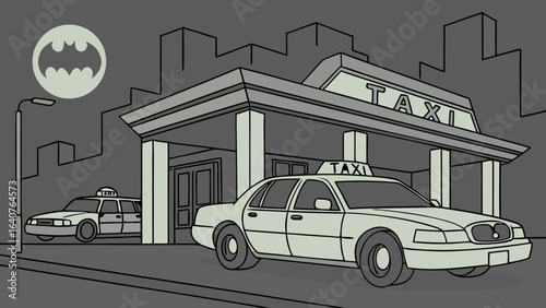 Gotham city taxis await passengers under a bat signal moon outside a station