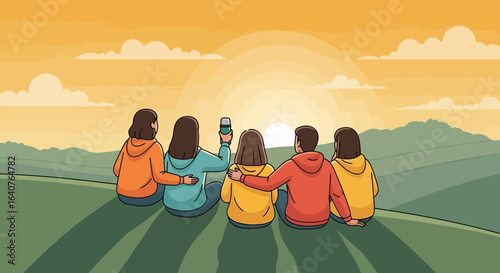 Friends watching sunset landscape illustration, peaceful moments, nature and togetherness concept, youthful companions