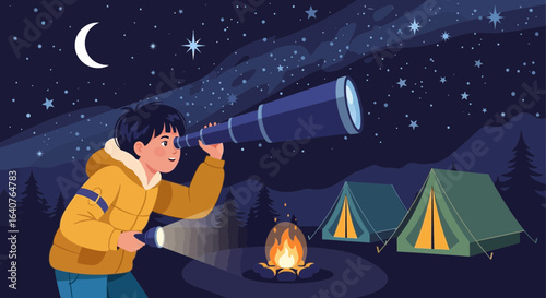 Enthusiastic boy scouts camping, discovering universe, and stargazing with telescope under the night sky filled stars