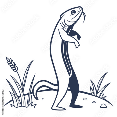 Stylized Meerkat on Alert in Nature Sketch Illustration Design with Tongue Out