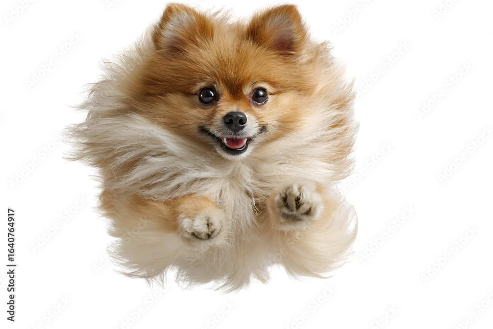 Obraz premium Cute and Playful Pomsky Dog with Fluffy Coat Jumping Against a White Background Capturing Joyful Moments