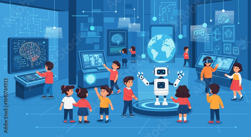 Enthusiastic children exploring future technology exhibits in a modern museum showcasing robotics and science