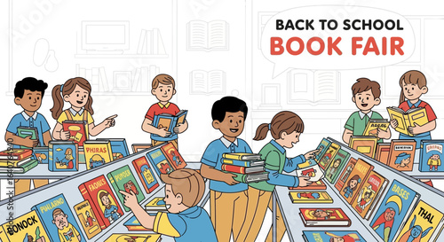 Enthusiastic children enjoying a vibrant back-to-school book fair event illustration