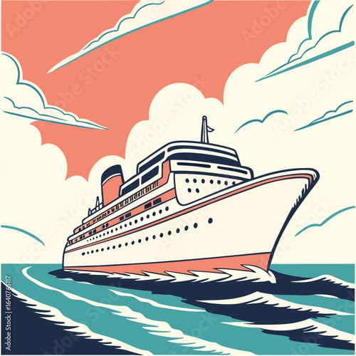 Vintage stylized cruise ship on the open ocean with soft orange sky