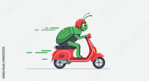 Funny Green Bug Cartoon With Helmet Riding A Red Motor Scooter Vector