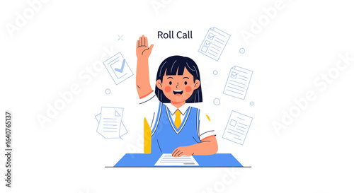 Enthusiastic Student Eagerly Participating In Class With Raised Hand And Paperwork