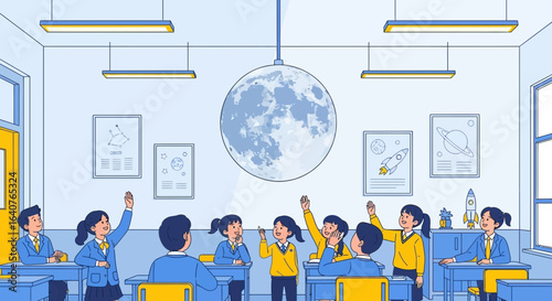 Enthusiastic Students Participate In A Space Themed Classroom Lesson