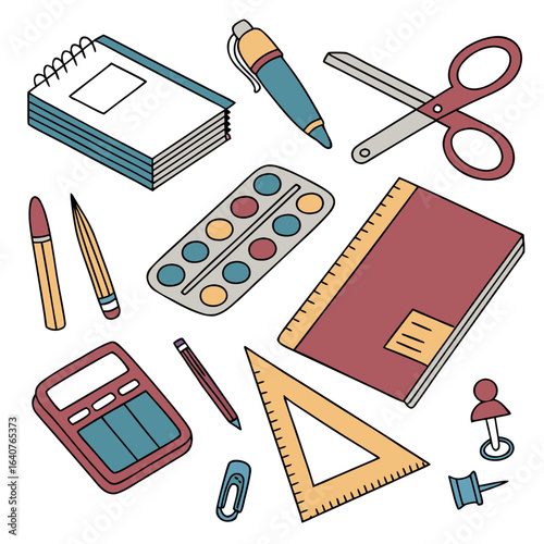 A Colorful Collection of School and Office Supplies for Creative Projects and Academic Pursuits, all neatly arranged and waiting to be used