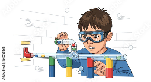 Enthusiastic young scientist experimenting with a colorful and creative marble run apparatus