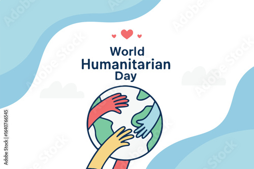 World Humanitarian Day illustration with hands embracing an orange globe, symbolizing global unity, compassion, and kindness, with soft pastel waves and hearts for peace and solidarity.