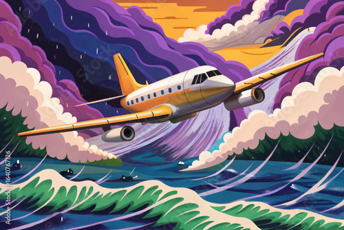 Rescue airplane searching above stormy ocean waves,  maritime safety, emergency missions, aviation rescue operations, and dramatic coastal storm photography concept