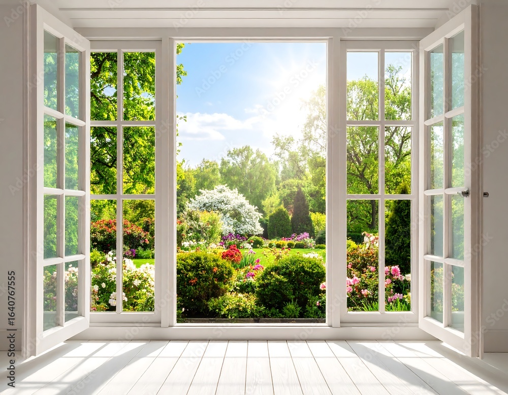 Obraz premium Sunny garden view from window