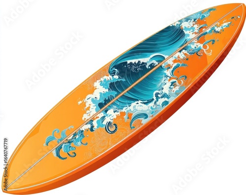 Orange surfboard with teal wave graphic
