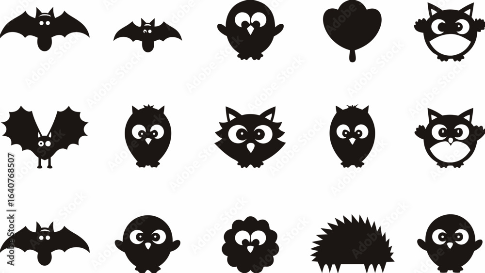Obraz premium Collection of stylized black silhouettes of bats owls flower and hedgehog on a white background vector image