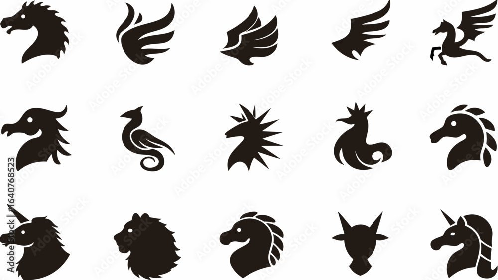 Obraz premium Collection of silhouette mythical creatures and wings in various styles displayed on white background