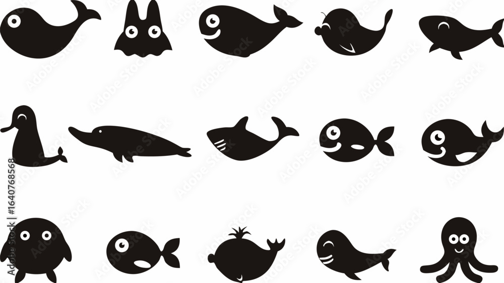 Naklejka premium Silhouette illustrations of various sea animals including whale fish octopus and other marine creatures