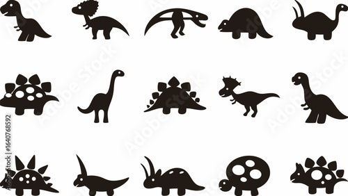 Silhouette assortment of various dinosaur species in black on a white background display graphic art