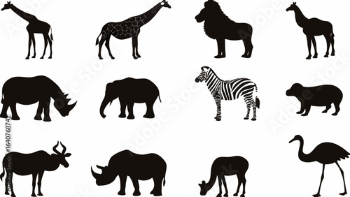 Silhouette depiction showcasing a diverse array of wildlife species in a stark black and white format