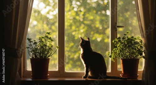 A silhouette of a cat sitting on a windowsill, facing the incoming sunlight. Beside it are two potted green plants.