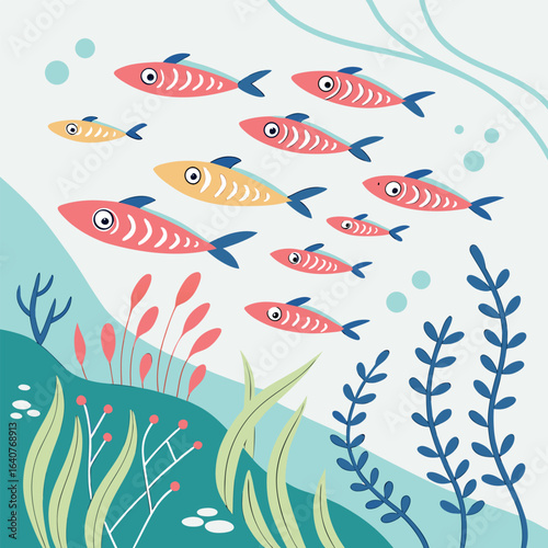 Whimsical Ocean Scene with School of Fish and Aquatic Plants in Cartoon Style, Perfect for Children's Illustration