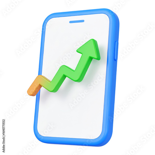 3D illustration smartphone with green upward arrow, symbolizing growth, success, and positive trend in business or finance, isolated on transparency background, modern digital concept