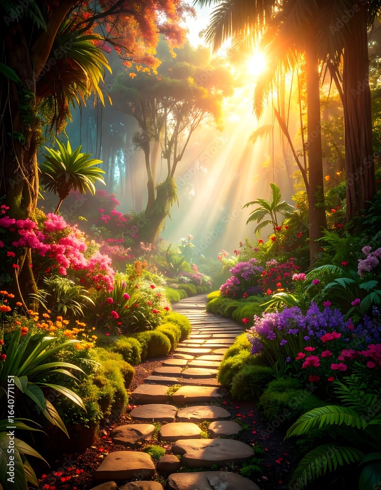 Obraz premium Sunlit Path Through Lush Garden