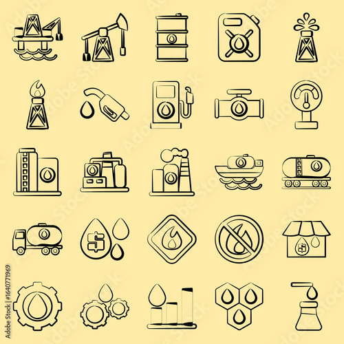 Icon set of oil industry. Oil Industry elements. Icon in hand drawn style.