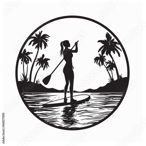 Stand up paddle boarding on a quiet sea silhouette vector isolated on white background.