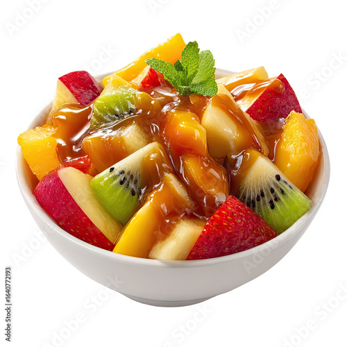 Bowl of fruit salad, caramel sauce