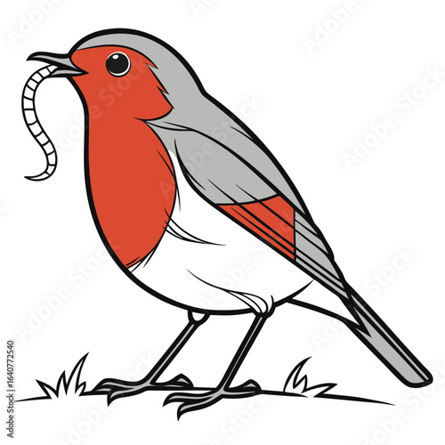 Cartoon Robin with a Worm Illustration Showing Springtime and Nature Theme