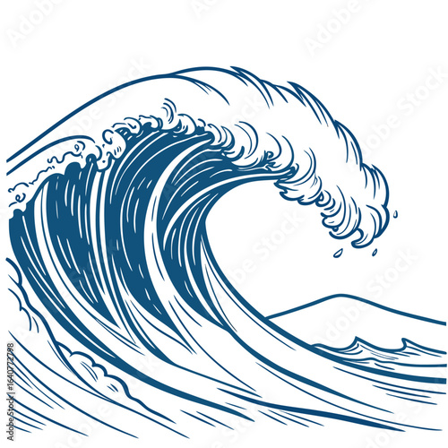 Dynamic blue wave illustration evoking Japanese art style and nature themes