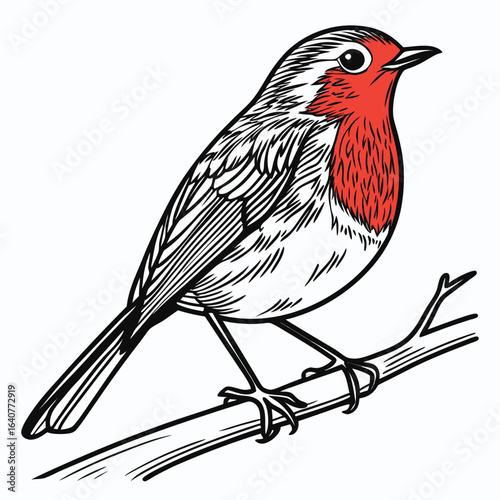 European Robin on Branch, a Vibrant Bird Illustration with Black and White Ink