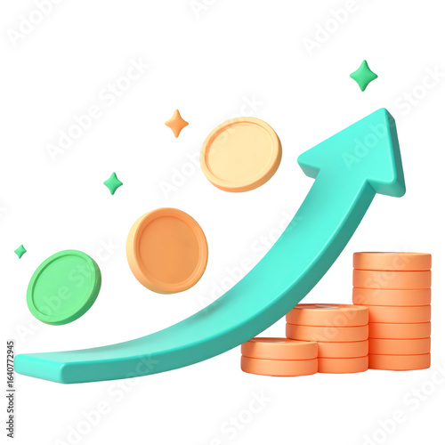 Rising arrow coin stack green orange financial growth upward trend investment success profit 3D illustration business wealth savings economic increase optimistic currency finance prosperity market