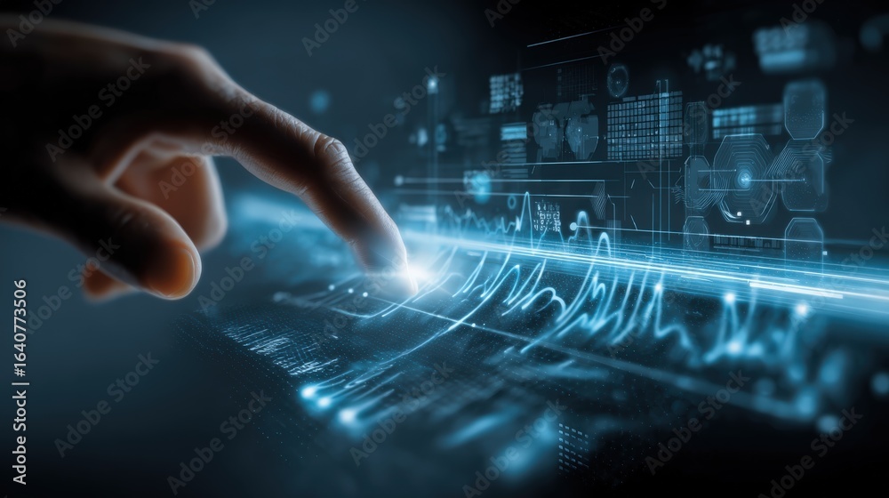 Fototapeta premium Data Analysis Interface: Finger Interacting with Digital Information, Visualizing Complex Analytics and Future Technology