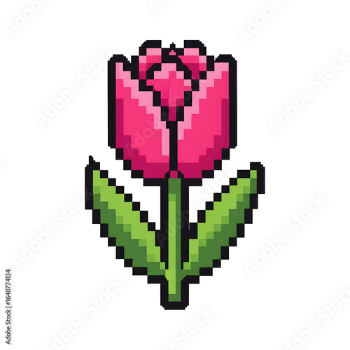 Wallpaper Mural Retro 8-bit pixel art of a pink tulip flower with a green stem and leaves. Torontodigital.ca