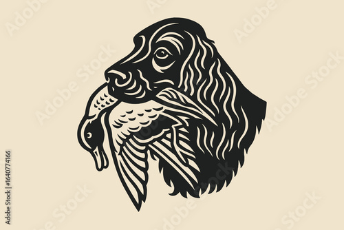 Russian spaniel hunting duck bold black engraving style vector illustration