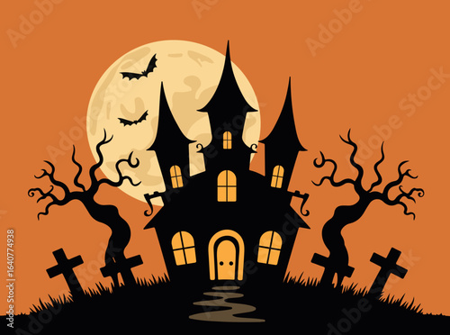 spooky halloween haunted house with bats full moon twisted trees gravestones orange background creepy silhouette scene seasonal vector illustration