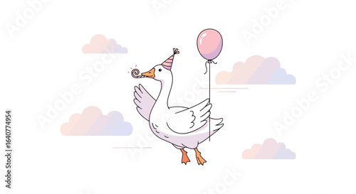 Happy Goose Celebrates With Balloon In Sky On White Background Wallpaper