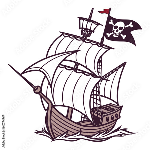 Vintage cartoon pirate ship sailing on the high seas with skull flag
