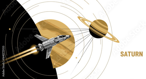 Futuristic spaceships fly near Saturn planet on a background of cosmic graphic elements, perfect for exploring space and planets