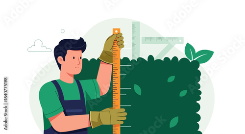 Gardener Measures Height Of Green Bush With Ruler For Proper Pruning