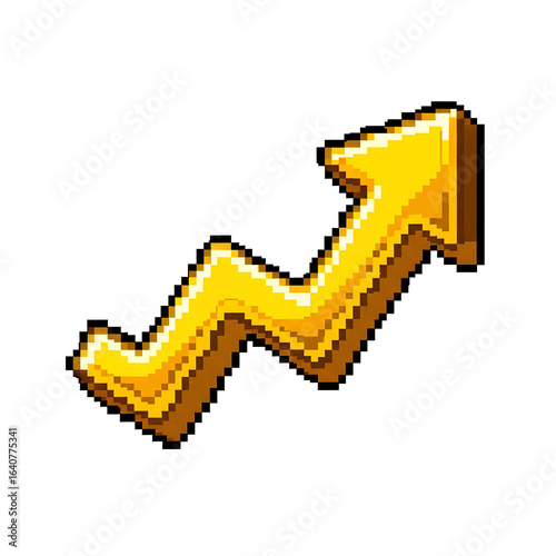 Golden Pixel Art Upward Zigzag Arrow Icon Retro 8-bit Style for Growth Trend.