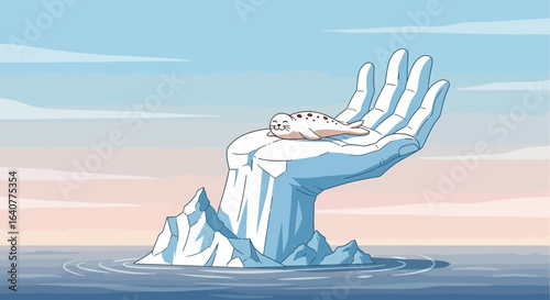Gentle Guardian Cartoon Illustration Of Seal Resting On Iceberg Hand