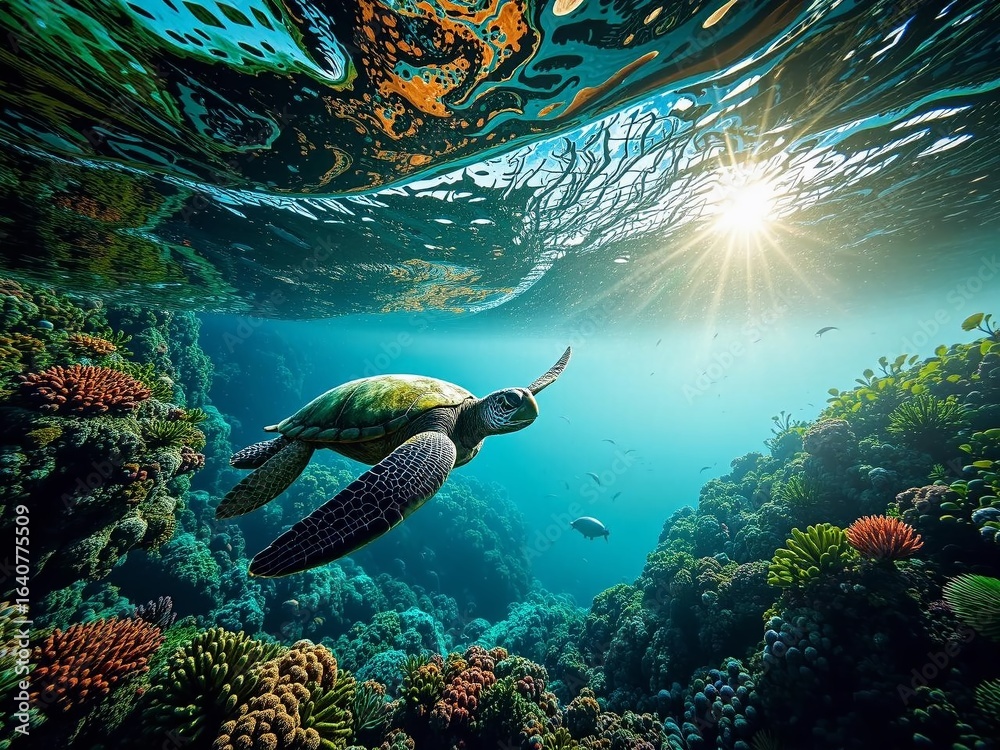 Obraz premium Lush Caribbean Coastline, Green Turtle Beneath the Waves
