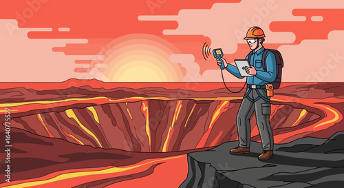 Geothermal Energy Engineer Inspecting Activity Of Volcano Crater With Scientific Tool