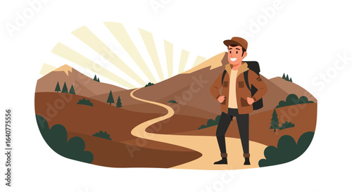 Happy Man Hiker Enjoying Nature Landscape Outdoor Adventure Hiking Concept