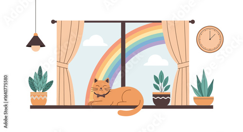 Ginger Cat Relaxing On Window Sill With Rainbow View And Potted Plants