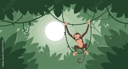 Happy Monkey Swinging On Jungle Vines Under The Moonlight Cartoon Illustration